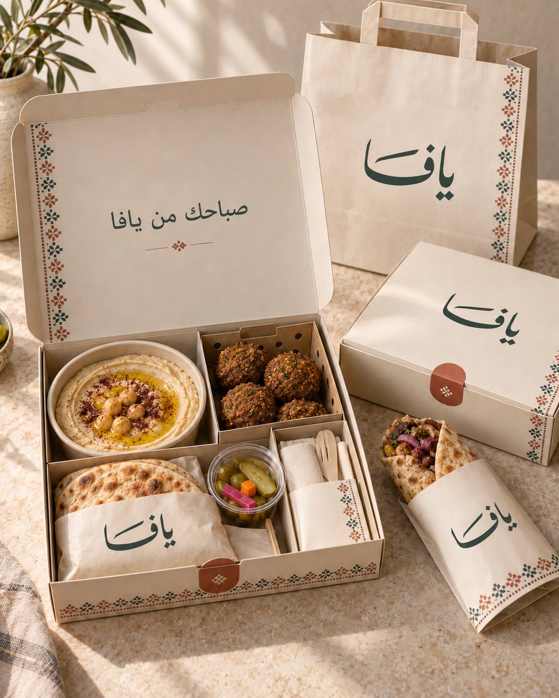 تصوّر تغليف يافا، علبة فطور مقسمة بزخارف التطريز